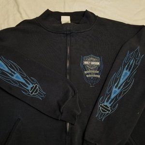Vintage Harley Davidson Blue Flame Sleeve Sweatshirt Full Zip Fire Motorcycle XL